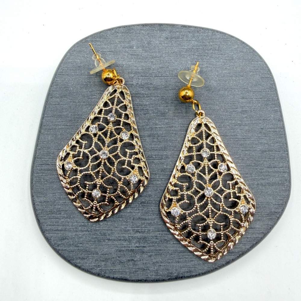 Gold Tone Filigree Rhinestone Teardrop Dangle Earrings Boho Statement Pierced